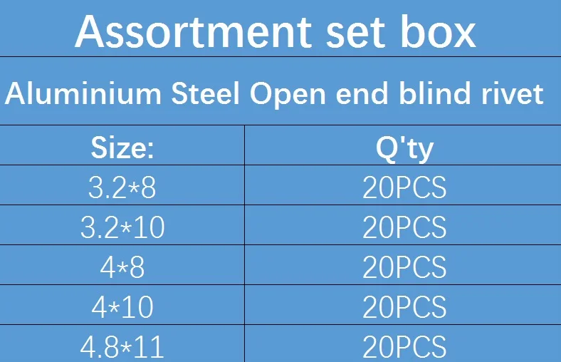 YUKE aliuminio plieno atviro galo aklosios kniedės